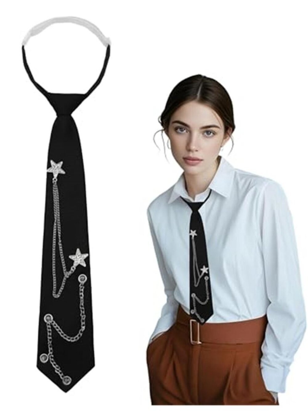 Womens Tie Punk Metal Tie Y2K Star Necktie Clip on Ties for Emo Clothes Grunge